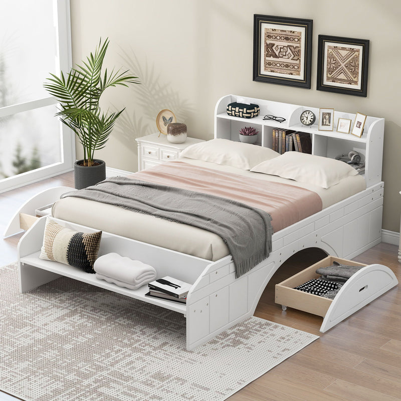 Wood Full Size Platform Bed With 2 Drawers, Storage Headboard And Footboard, White