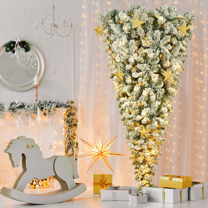 Go 6 Ft Upside Down Christmas Tree With White Flocking, 360 Led Warm Lights X-Mas And 8 Golden Star Decorations