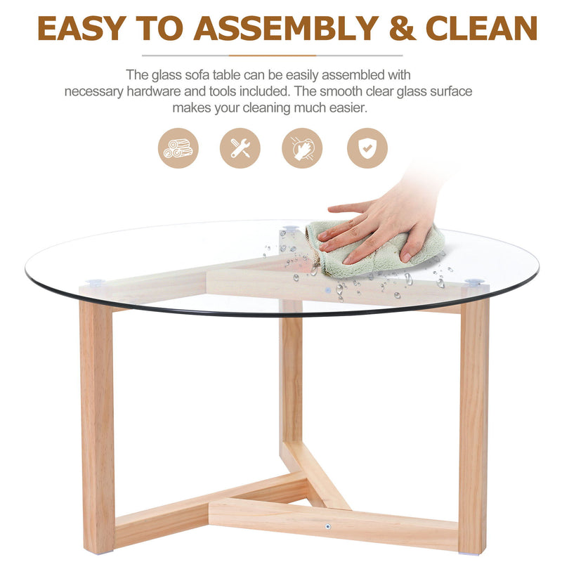 On-Trend Round Glass Coffee Table Modern Cocktail Table Easy Assembly With Tempered Glass Top & Sturdy Wood Base, Natural