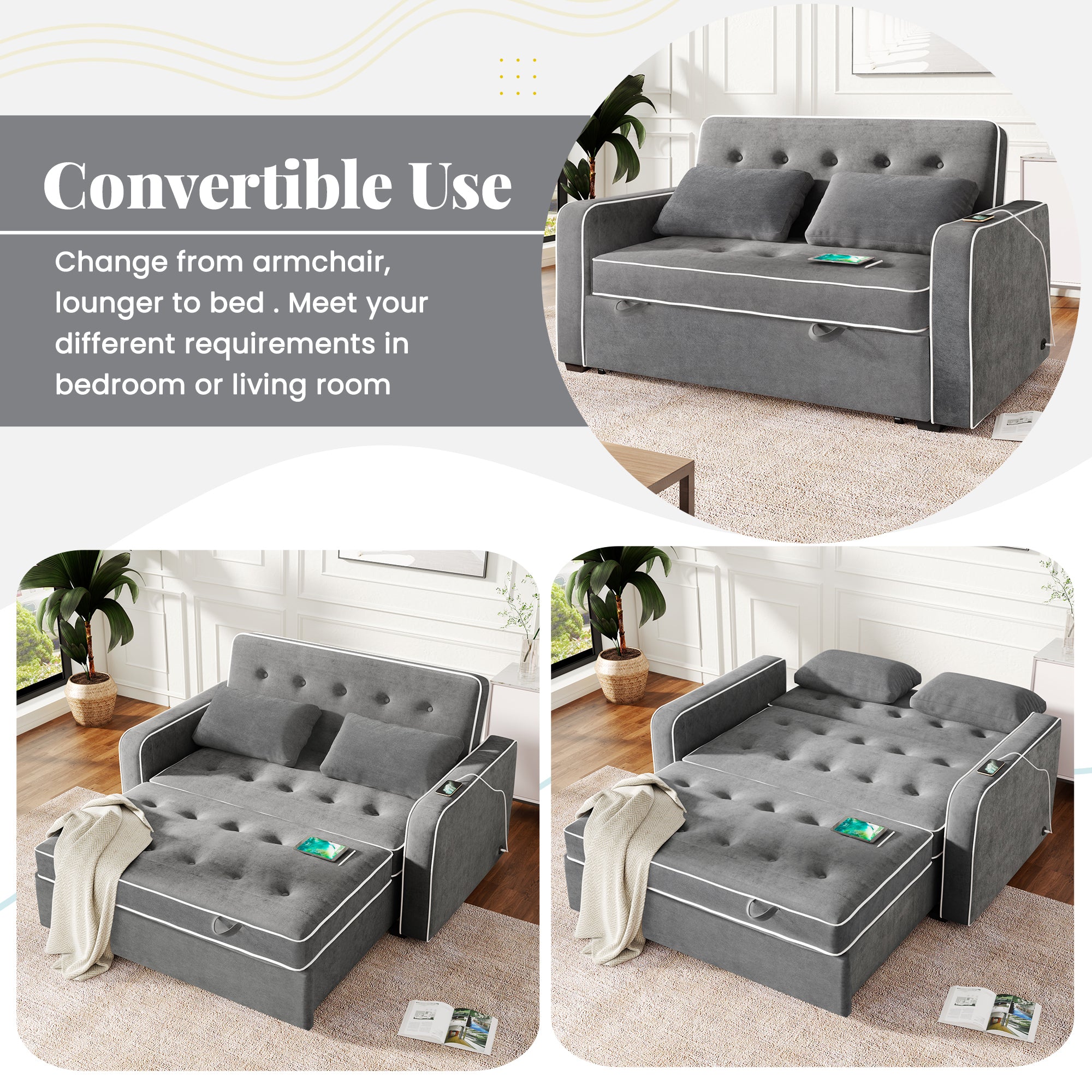 Linen Upholstered Sleeper Bed , Pull Out Sofa Bed Couch attached two throw pillows,Dual USB Charging Port and Adjustable Backrest for Living Room Space,Gray - Atlantic Fine Furniture Inc
