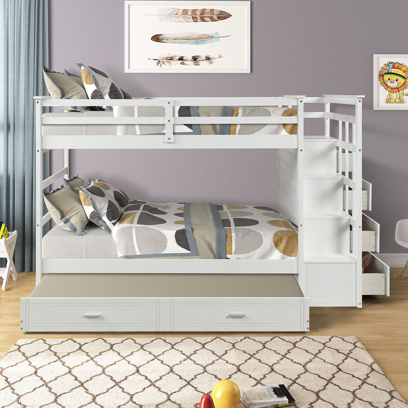 Solid Wood Bunk Bed, Hardwood Twin Over Twin Bunk Bed With Trundle And Staircase, Natural White Finish