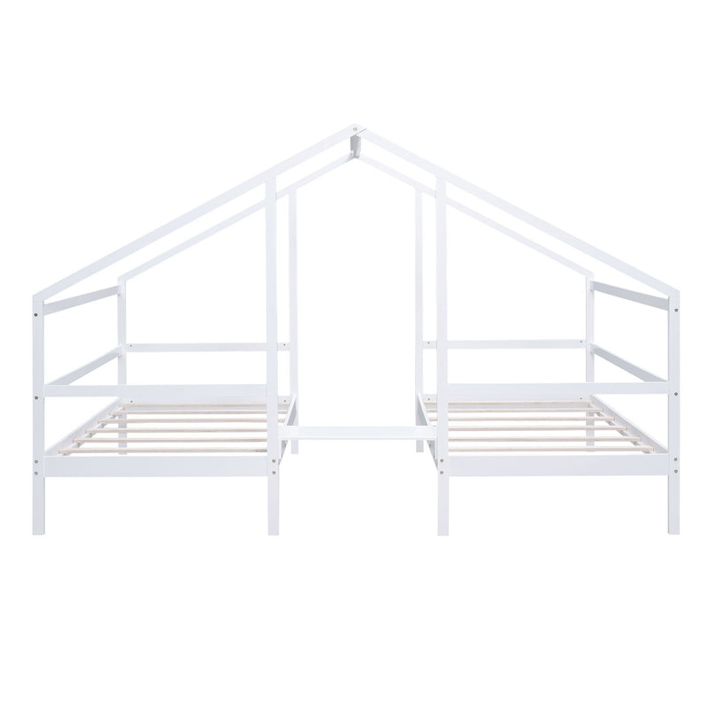 Double Twin Size Triangular House Beds With Built - In Table, White