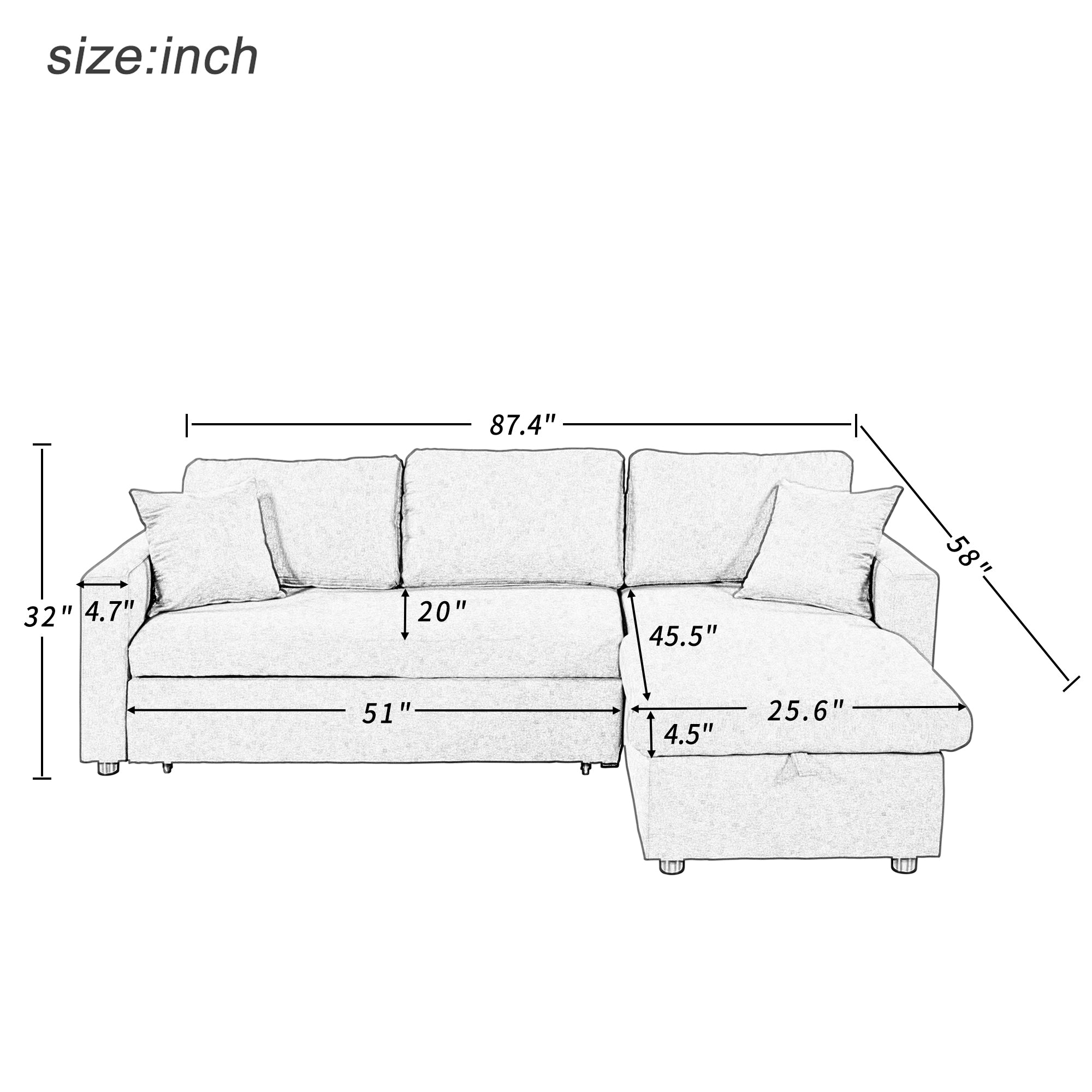 U_STYLE Upholstery  Sleeper Sectional Sofa Grey with Storage Space, 2 Tossing Cushions - Atlantic Fine Furniture Inc