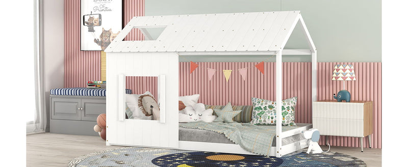 Twin Size House Bed With Roof And Window - White