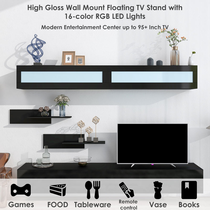 On-Trend Wall Mount Floating TV Stand With Four Media Storage Cabinets And Two Shelves, Modern High Gloss Entertainment Center For 95/" TV, 16 - Color Rgb LED Lights For Living Room, Bedroom, Black