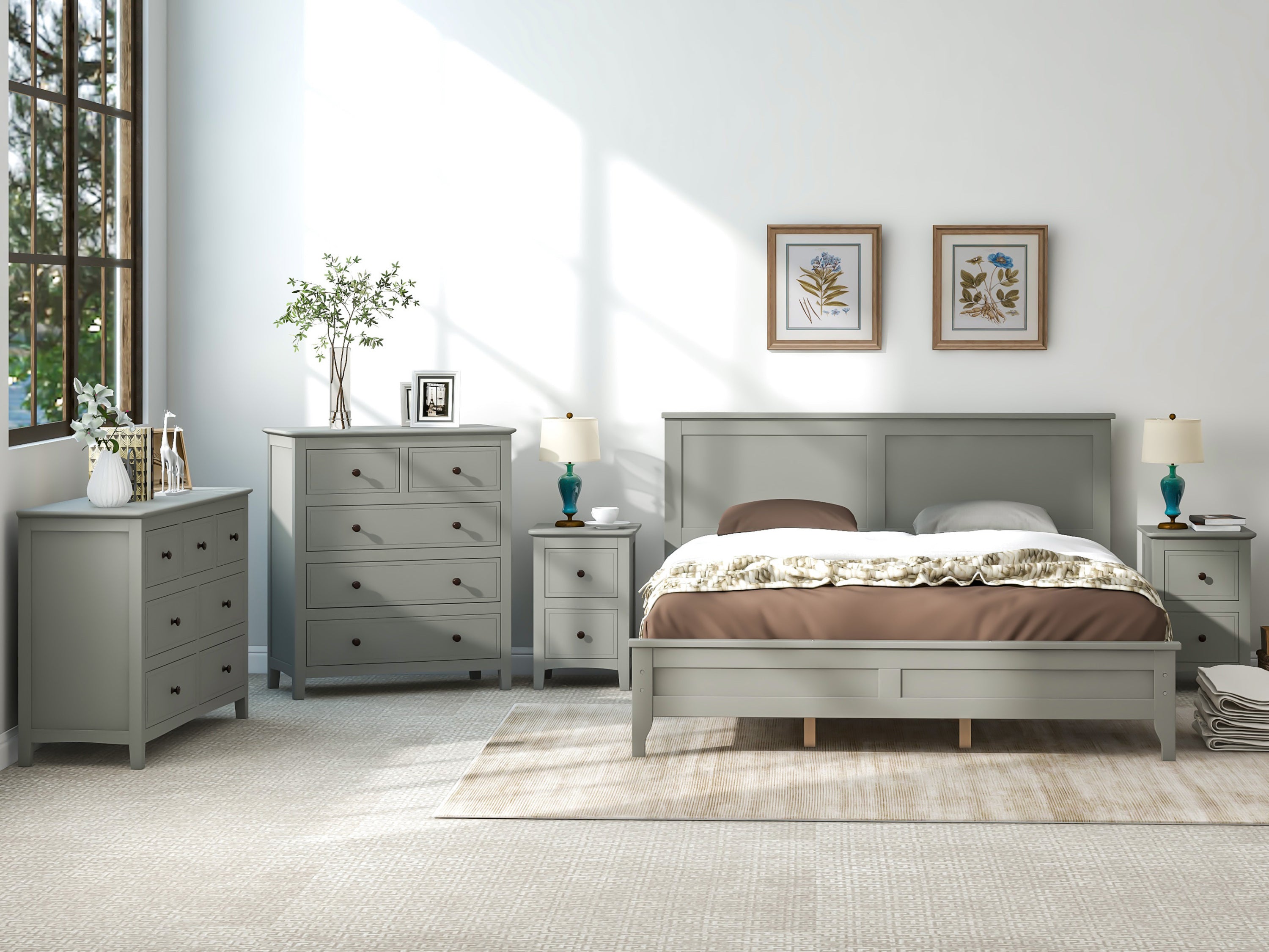 Gray Solid Wood 5 Pieces Queen Bedroom Sets(bed+nightstand*2+chest+dresser）NEW - Atlantic Fine Furniture Inc