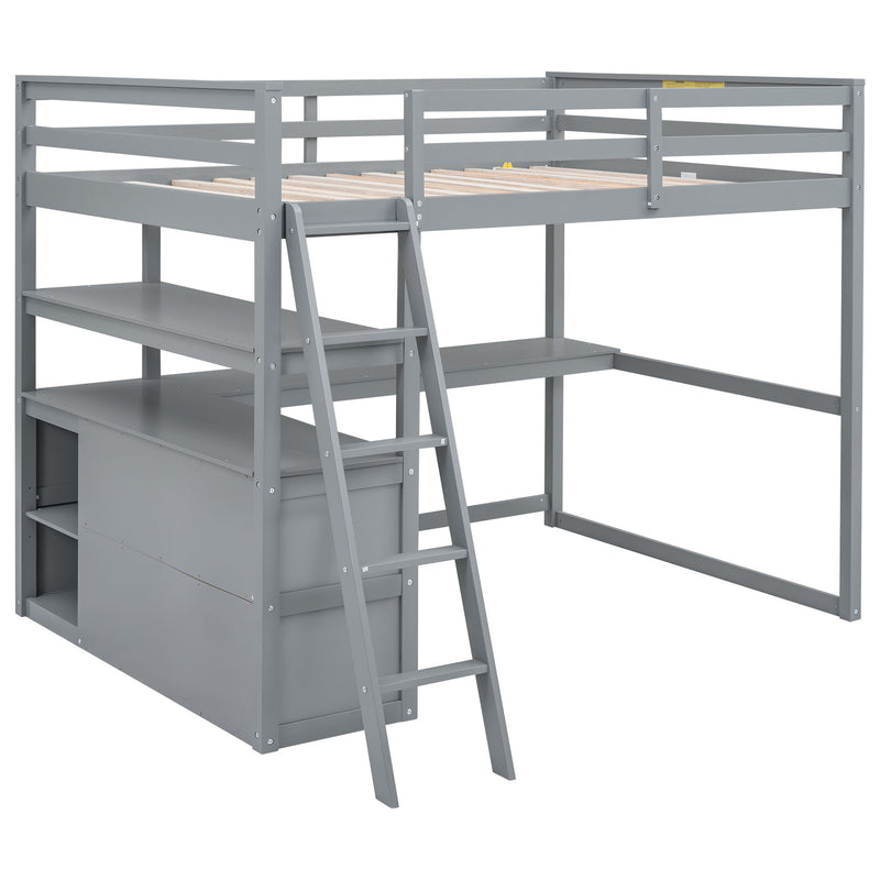Full Size Loft Bed With Desk And Shelves, Two Built - In Drawers, Gray