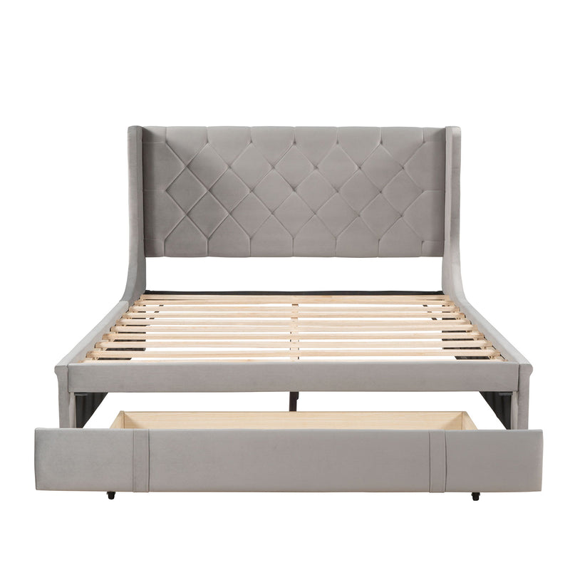Queen Size Storage Bed Velvet Upholstered Platform Bed With Wingback Headboard And A Big Drawer (Gray)