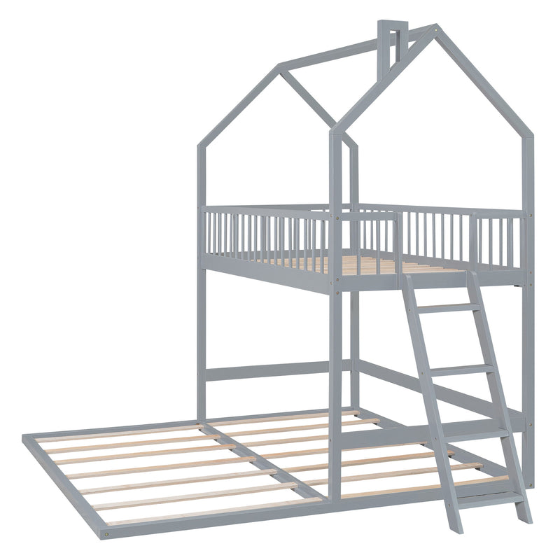 Twin Over Twin-Twin House Bunk Bed With Extending Trundle And Ladder - Gray