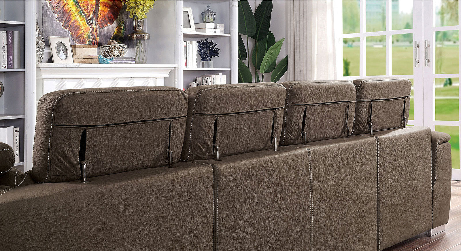 Living Room Sectional Light Brown Sectional Sofa Chaise w Storage Couch Ottoman Nabuck Fabric Pull out sleeper - Atlantic Fine Furniture Inc