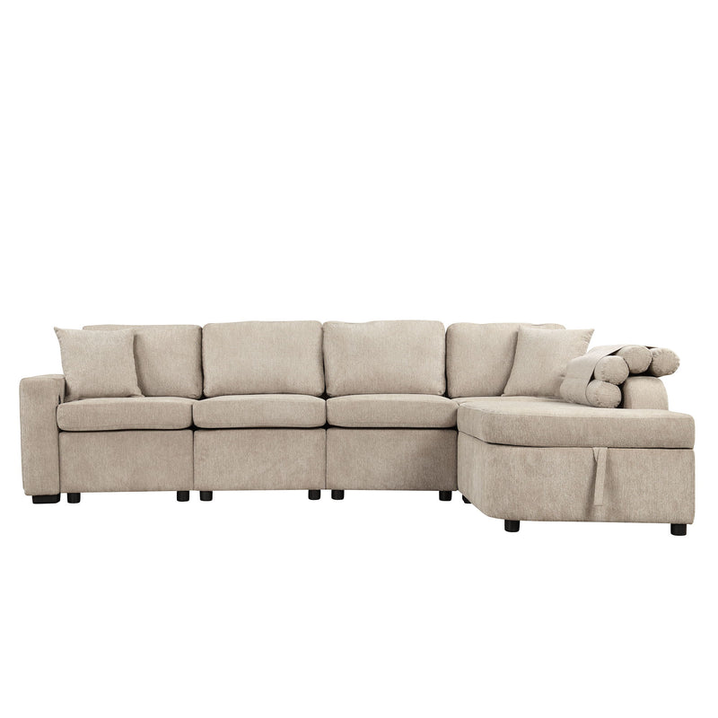 Shaped Couch Sectional Sofa With Storage Chaise, Cup Holder, Type C And USB Ports For Living Room, Beige
