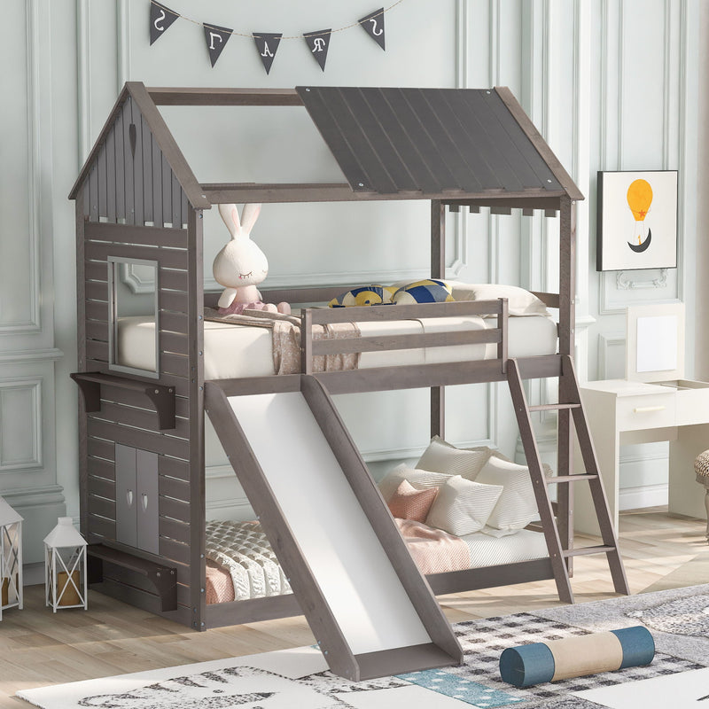 Twin Over Twin Bunk Bed Wood Bed With Roof, Window, Slide, Ladder, Antique Gray
