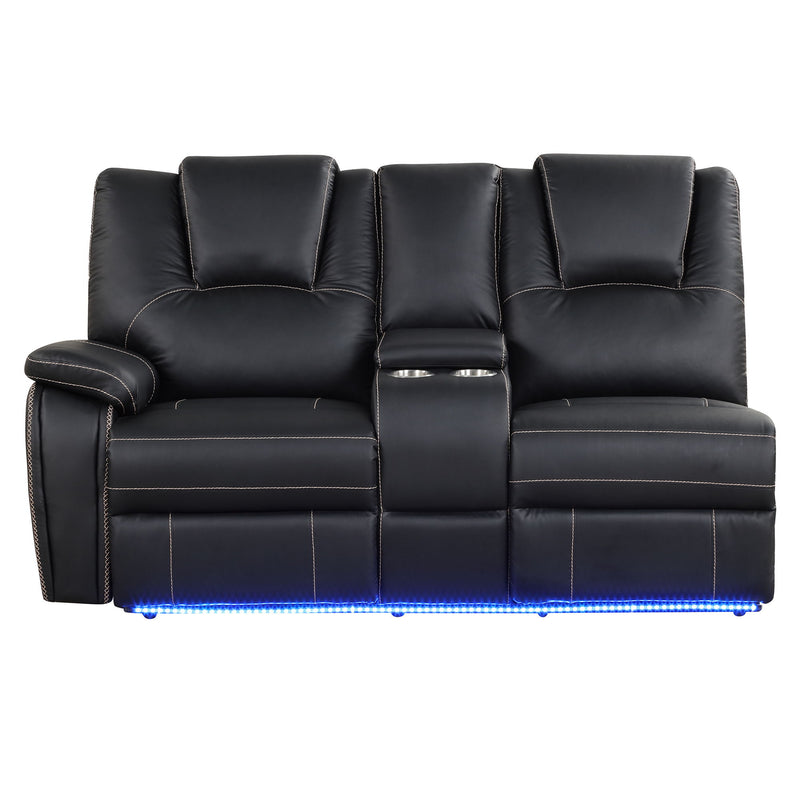 Modern Faux Leather Manual Reclining With Center Console With Led Light Strip, Living Room Furniture Set, PU Symmetrical Couch With 2 Cup Holders And Storage For Living Room, Black