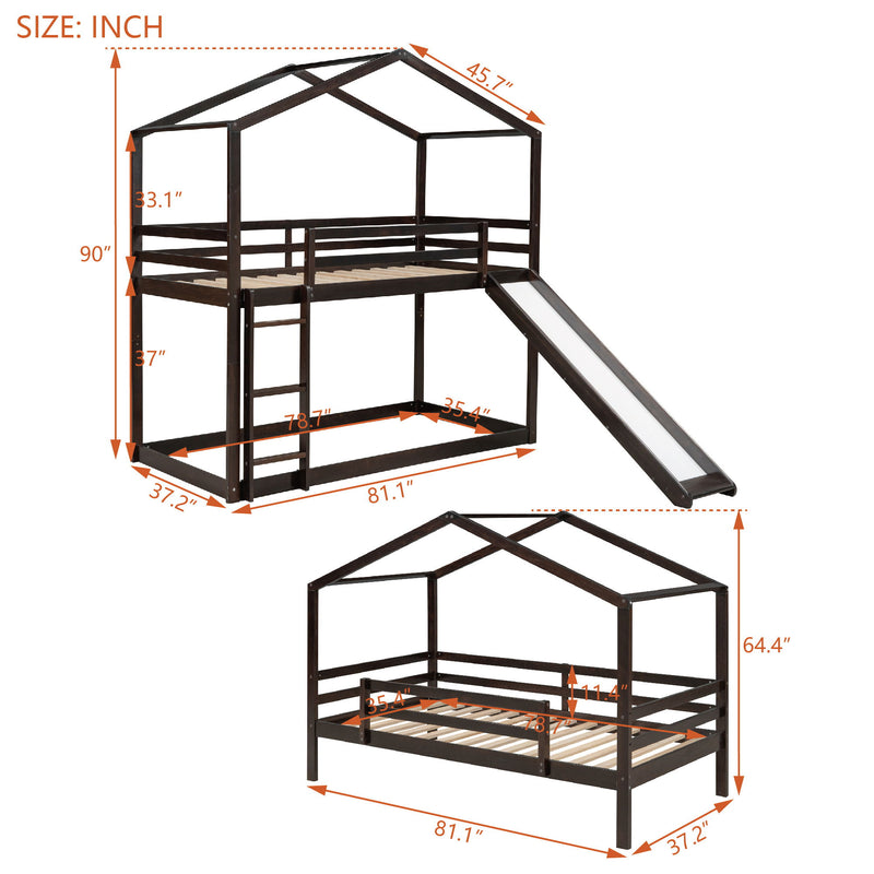 Twin Over Twin Bunk Bed With Roof, Slide And Ladder, Espresso