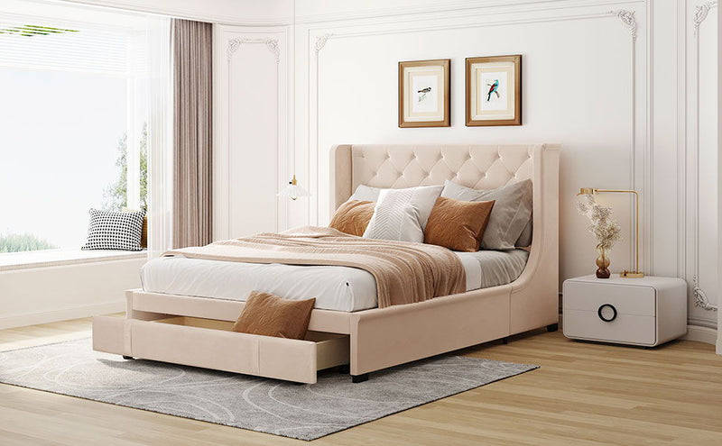 Queen Size Storage Bed Velvet Upholstered Platform Bed With Wingback Headboard And A Big Drawer (Beige)