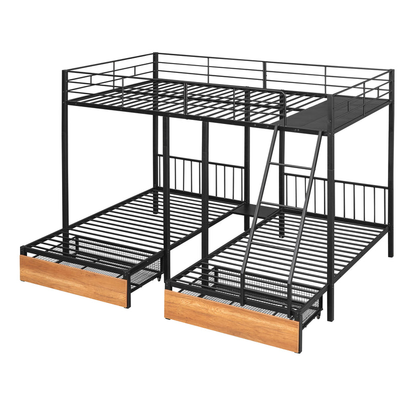 Full Over Twin & Twin Bunk Bed, Metal Triple Bunk Bed With Drawers And Guardrails, Black