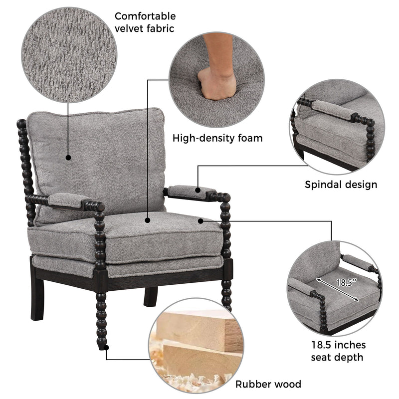The Spindle Chair Velvet Accent Chair With Ottoman, Modern Lounge Accent Chair With Armrests Pad, Reading Chair With Footrest For Small Space, Living Room, Black / Gray