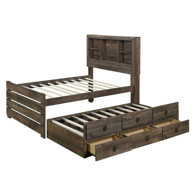 Farmhouse Style Twin Size Bookcase Captain Bed With Three Drawers And Trundle, Rustic Brown
