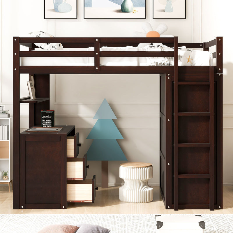 Twin Size Loft Bed With Drawers, Desk, And Wardrobe - Espresso