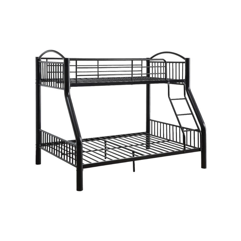 The Cayelynn bunk bed is a great way to free up space in a kids bedroom. It is a round metal tube design and features a built in ladder to the upper bed that also has a guardrail.