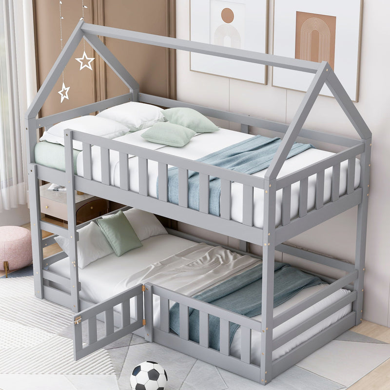 Twin Over Twin House Bunk Bed With Fence And Door, Gray