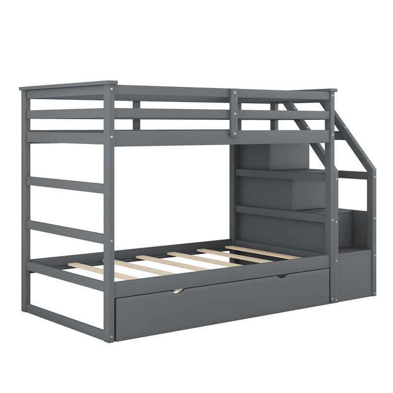 Twin-Over-Twin Bunk Bed With Twin Size Trundle And 3 Storage Stairs, Gray
