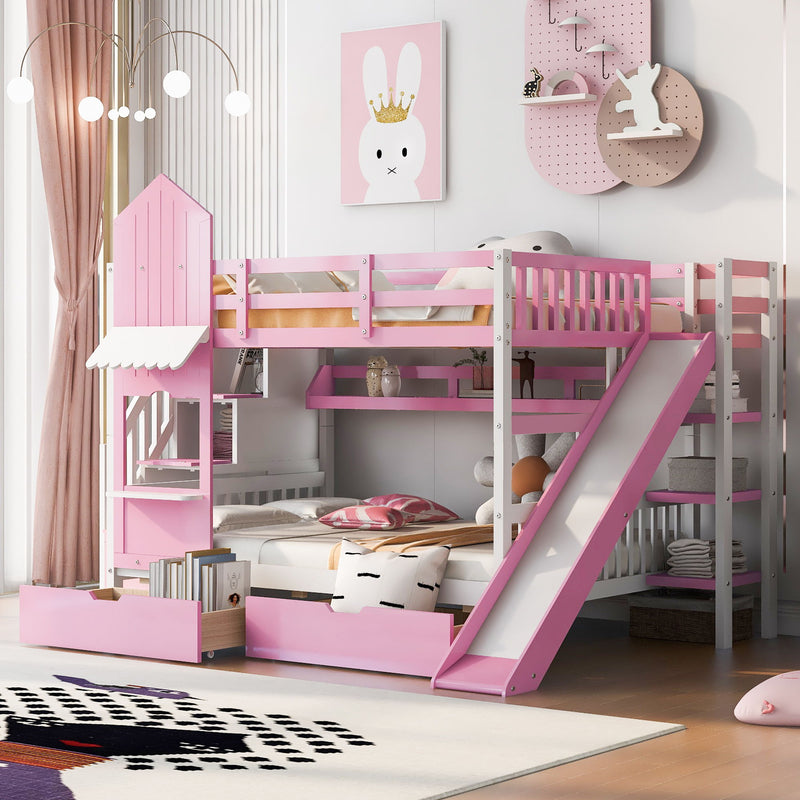 Full-Over-Full Castle Style Bunk Bed, With 2 Drawers 3 Shelves And Slide - Pink