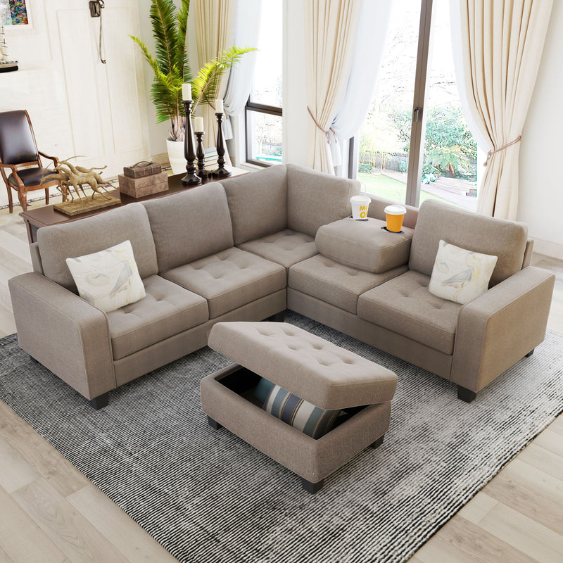 Orisfur. Sectional Corner Sofa Shape Couch Space Saving With Storage Ottoman & Cup Holders Design For Large Space Dorm Apartment