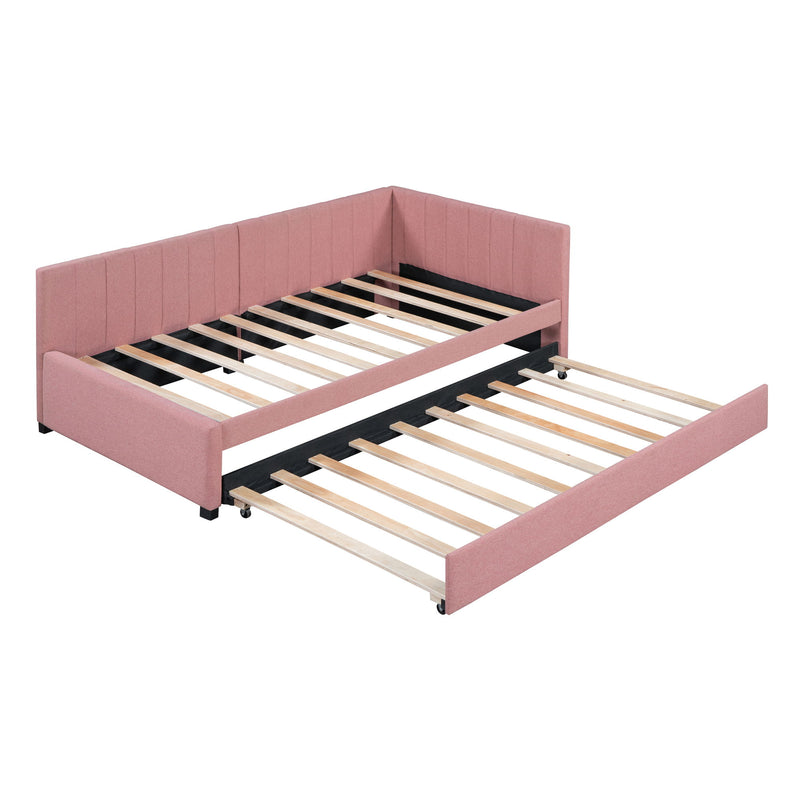 Upholstered Daybed With Trundle Twin Size Sofa Bed Frame No Box Spring Needed, Linen Fabric (Pink)