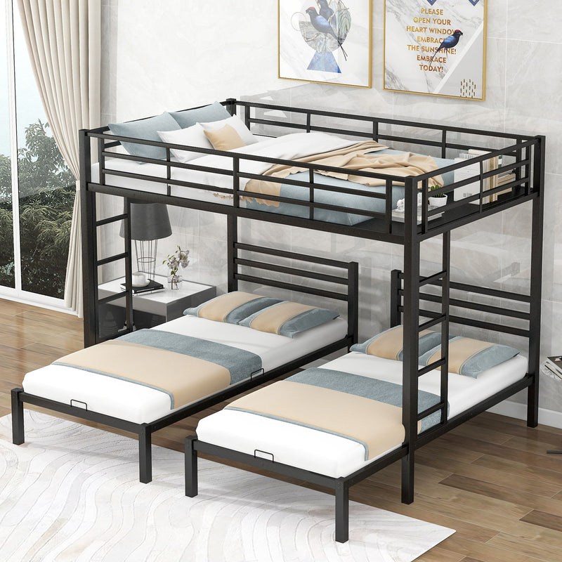 Full Over Twin & Twin Size Bunk Bed With Built-In Shelf, Black