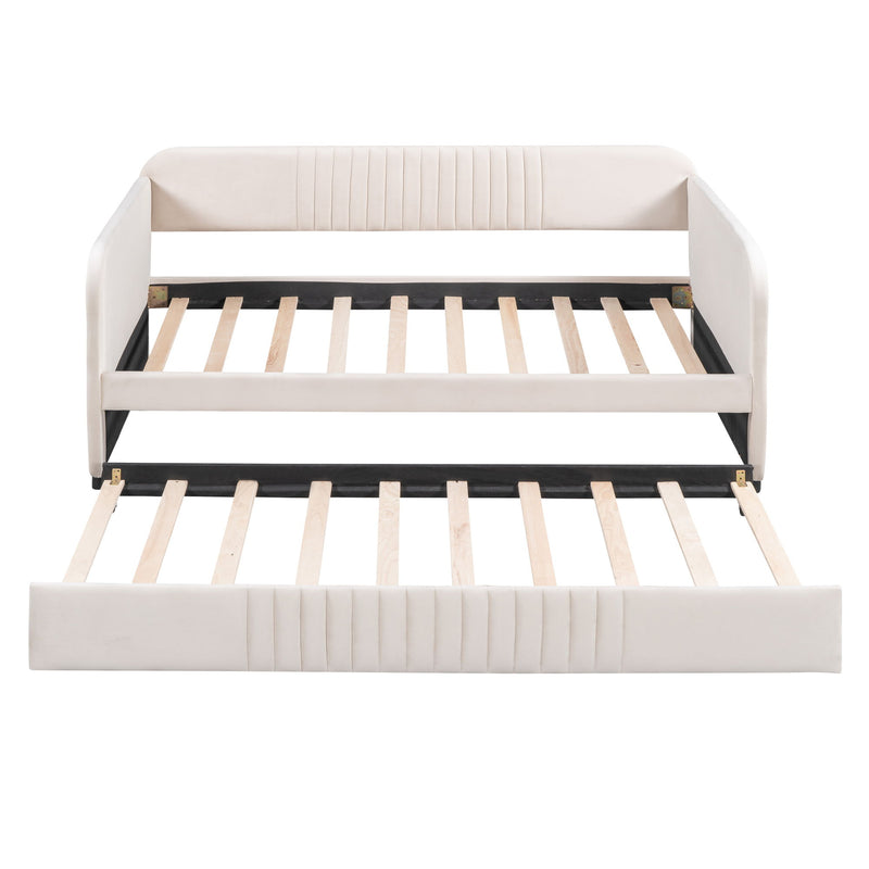Upholstered Daybed Sofa Bed Twin Size With Trundle Bed And Wood Slat, Beige
