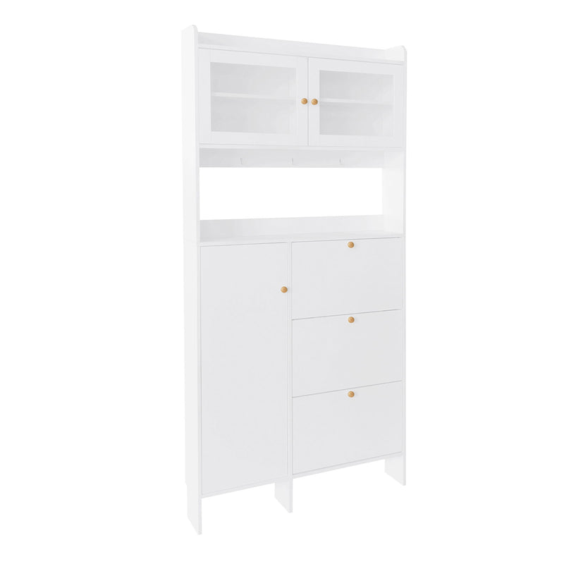 On-Trend Modernist Shoe Cabinet With Open Storage Space, Practical Hall Tree With 3 Flip Drawers, Multi-Functional & Integrated Foyer Cabinet With Tempered Glass Doors For Hallway, White