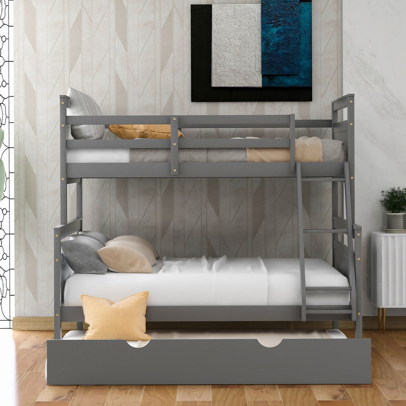 Twin Over Full Bunk Bed With Ladder With Twin Size Trundle, Safety Guardrail - Gray