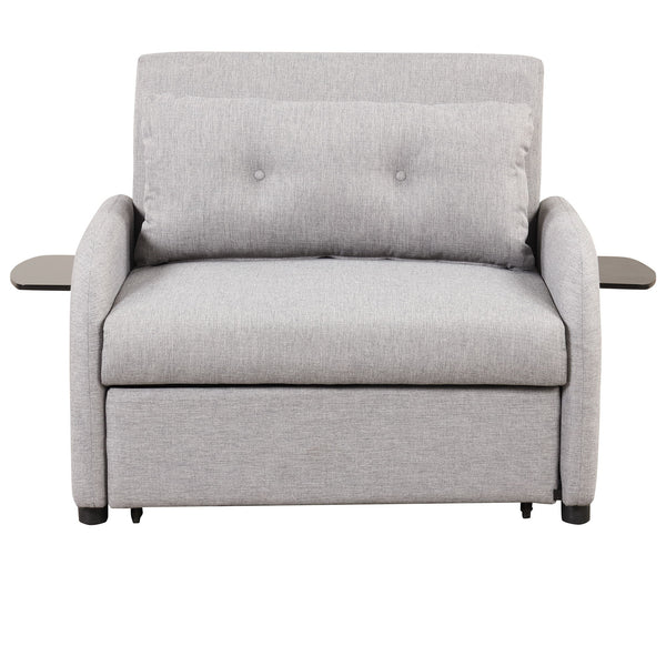 Pull Out Sofa Sleeper 3 In 1 With 2 Wing Table And Usb Charge For Nap Line Fabric For Living Room Recreation Room Gray
