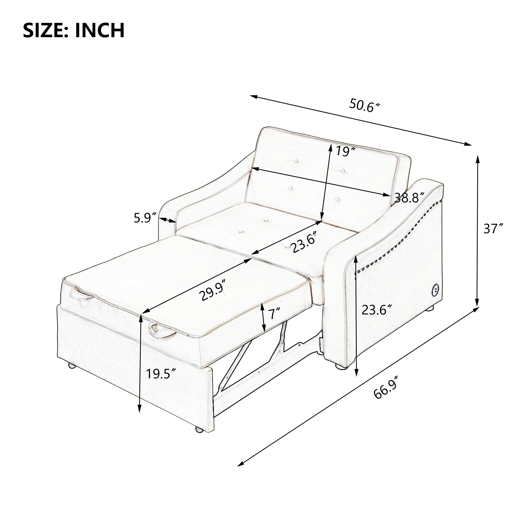 Orisfur. 50.6" Convertible Sleeper Bed, Adjustable Sofa Couch with Dual USB Ports for Living Room Space - Atlantic Fine Furniture Inc