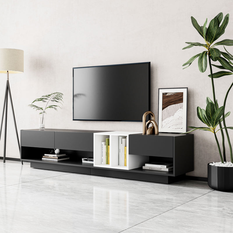 On-Trend Sleek And Stylish TV Stand With Perfect Storage Solution, Two-Tone Media Console For TVs Up To 80'', Functional TV Cabinet With Versatile Compartment For Living Room, Black