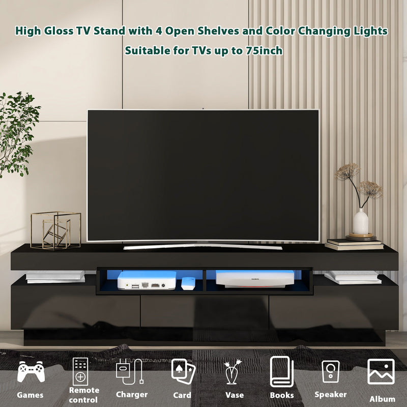 On-Trend TV Stand With 4 Open Shelves, Modern High Gloss Entertainment Center For 75" TV, Universal TV Storage Cabinet With 16 - Color Rgb LED Color Changing Lights, Black