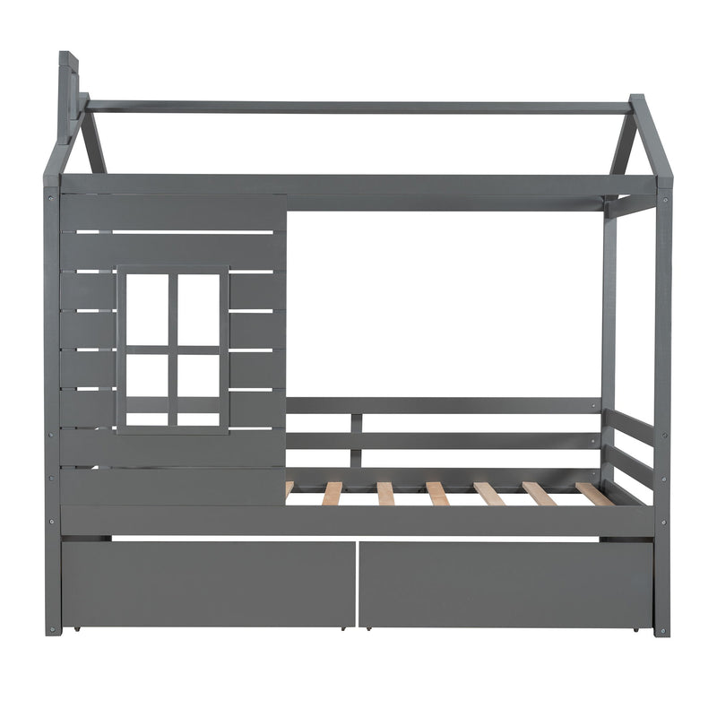 Size House Bed Wood Bed With Two Drawers - Gray