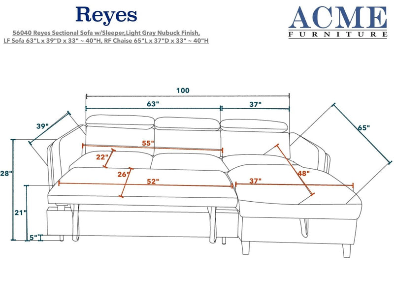 ACME Reyes Sectional Sofa w/Sleeper, Beige Nubuck 56040 - Atlantic Fine Furniture Inc