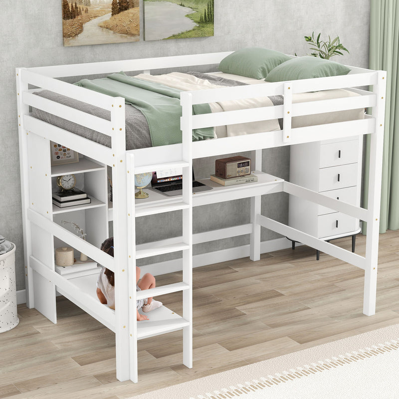 Full Size Loft Bed With Multifunction Shelves And Under - Bed Desk, White