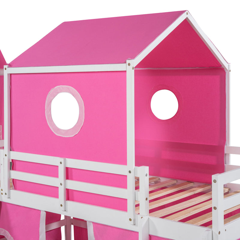 Twin Size Bunk Bed With Slide Tent And Tower - Pink