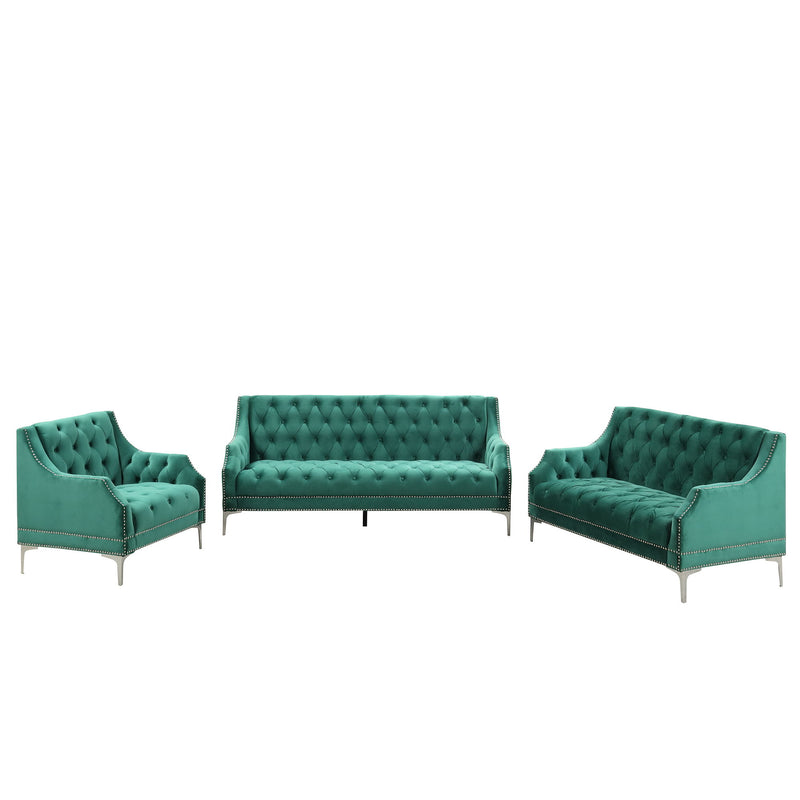 Modern Three Piece Sofa Set With Metal Legs, Buttoned Tufted Backrest, Frosted Velvet Upholstered Sofa Set Including Three-Seater Sofa, Double Seater And Living Room Furniture Set Single Chair