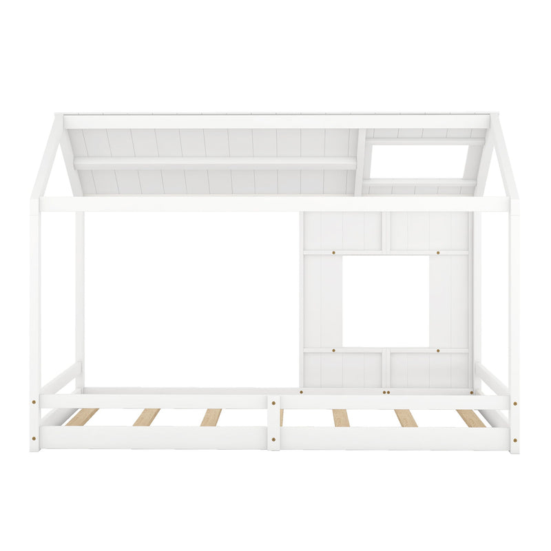 Twin Size House Bed With Roof And Window - White