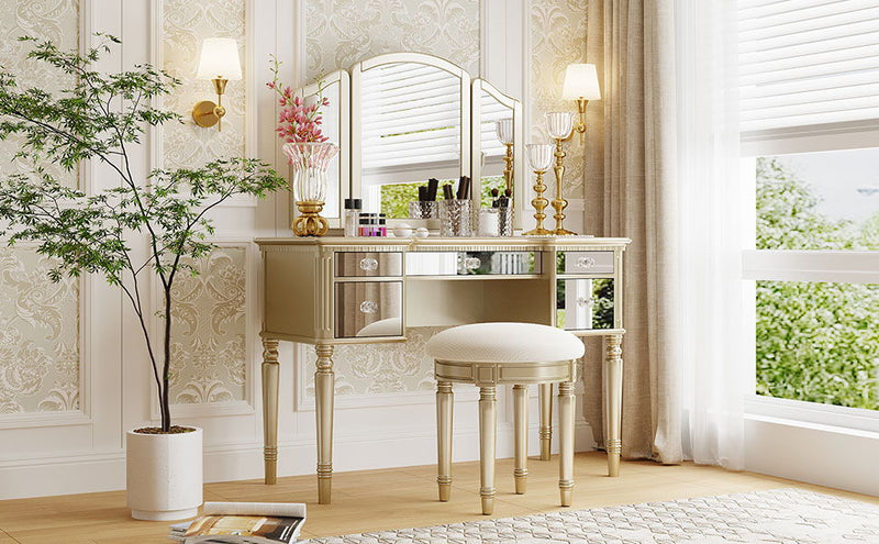 Go 43" Dressing Table Set With Mirrored Drawers And Stool, Tri-Fold Mirror, Makeup Vanity Set For Bedroom, Gold
