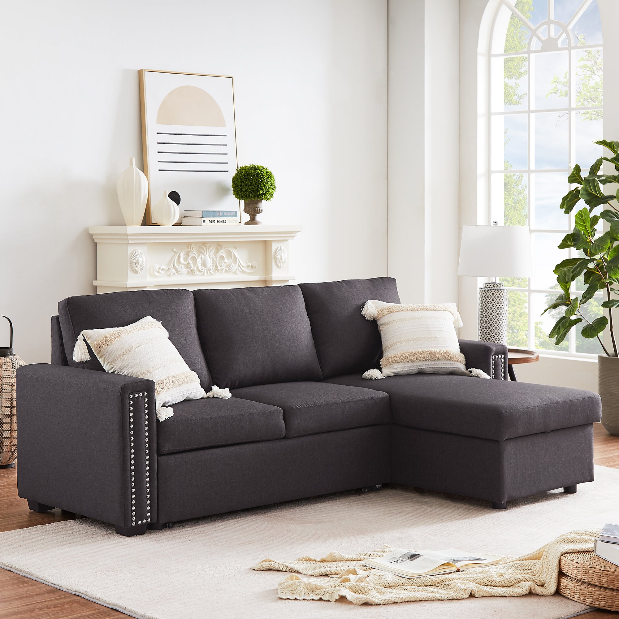 Orisfur. 83" Pull Out Sleeper Sofa Reversible L-Shape 3 Seat Sectional Couch with Storage Chaise for Living Room Furniture Set - Atlantic Fine Furniture Inc