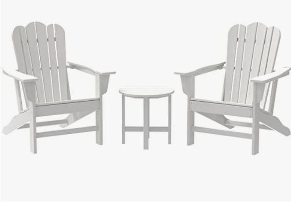 Combo for Family: 2 Plastic Adirondack Chairs & an Outdoor Side Table.  Outdoor Adirondack Chair Patio Lounge Chairs Classic Design (White) - Atlantic Fine Furniture Inc