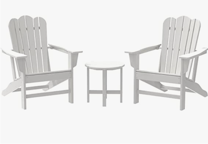 Combo for Family: 2 Plastic Adirondack Chairs & an Outdoor Side Table.  Outdoor Adirondack Chair Patio Lounge Chairs Classic Design (White)