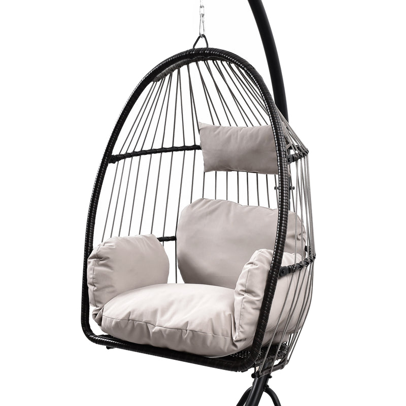 Hanging Swing  Chair Outdoor Patio Wicker  ,  PVC Rattan Swing Hammock Egg Chair with C Type Bracket ,  With Cushion and Pillow for Indoor,Outdoor，Gray