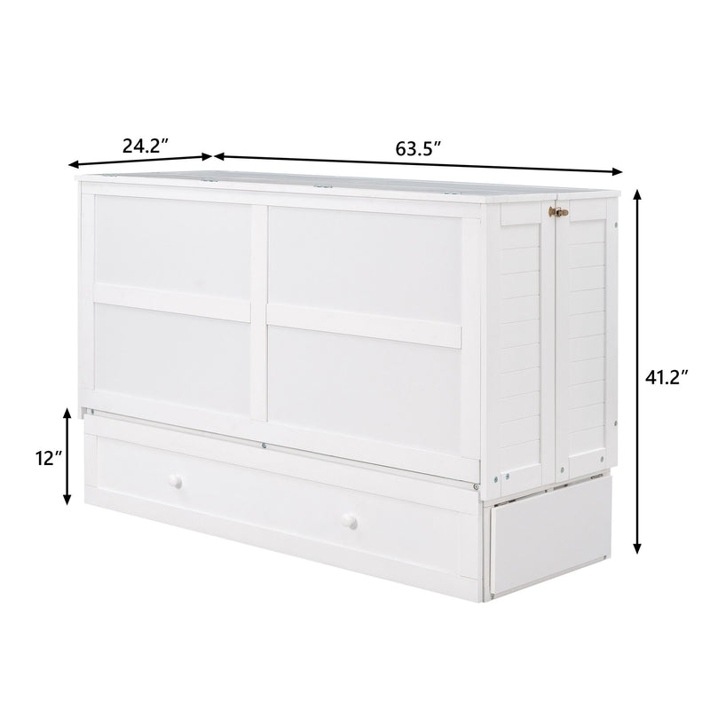Queen Size Mobile Murphy Bed With Drawer And Little Shelves On Each Side - White