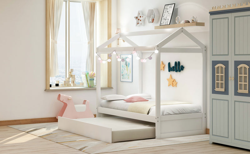 House Bed With Trundle, Can Be Decorated, White